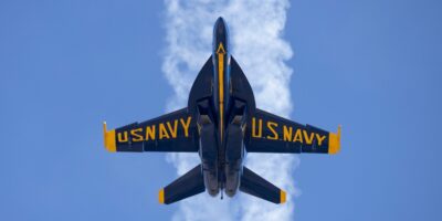 Blue Angels F/A-18 Super Hornet performing aerobatic demonstration