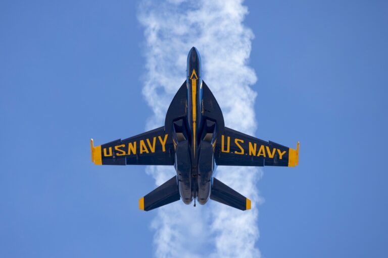 Blue Angels F/A-18 Super Hornet performing aerobatic demonstration