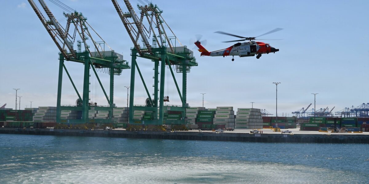 Coast Guard MH-60 Jayhawk helicopter performing a search and rescue demonstration at Los Angeles Fleet Week 2026