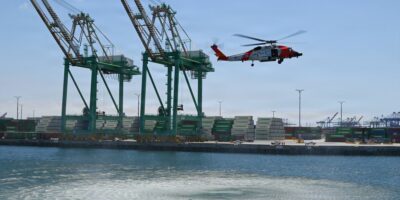Coast Guard MH-60 Jayhawk helicopter performing a search and rescue demonstration at Los Angeles Fleet Week 2026