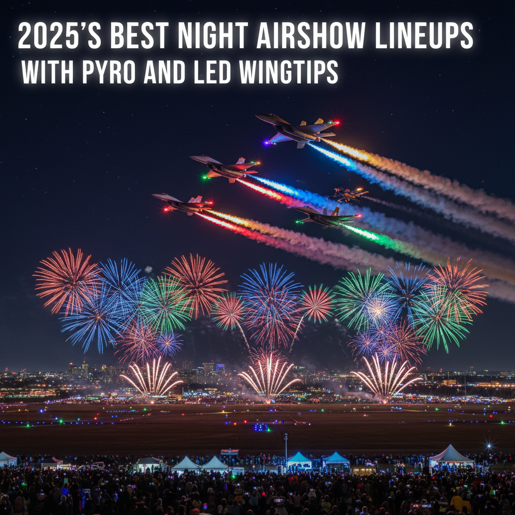 Professional blog header image for article titled: 2025s Best Night Airshow Lineups With Pyro and LED Wingtips. High quality, relevant imagery, clean composition.