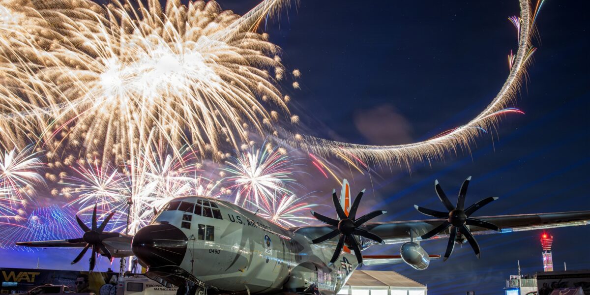EAA AirVenture Oshkosh 2026 night air show with LC-130 and fireworks